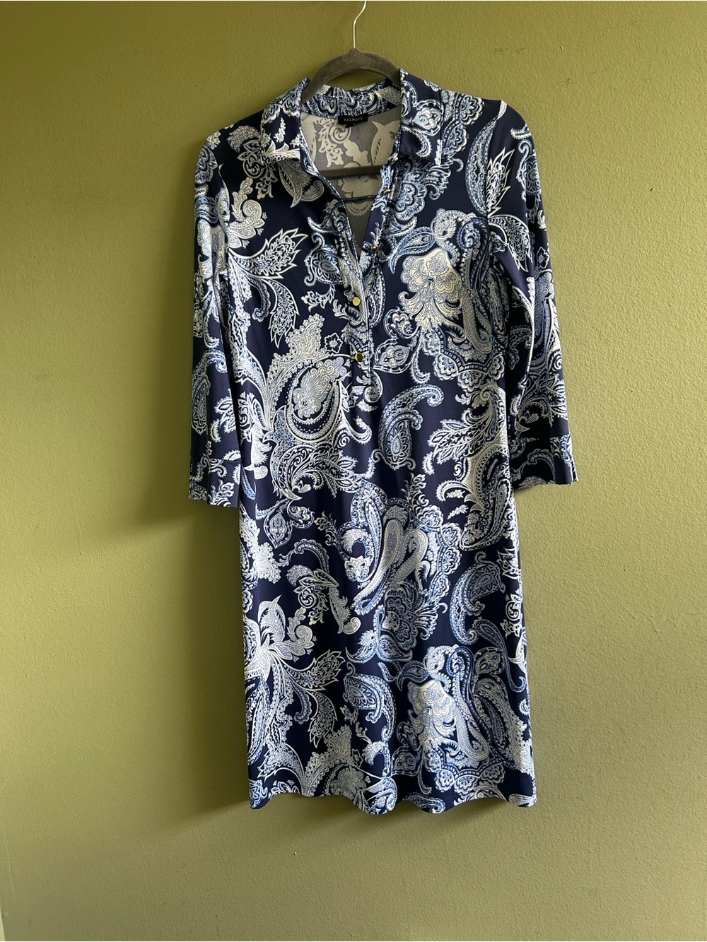 Talbots Navy and White Paisley Long-Sleeve Shirt Dress Sz XS
